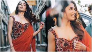 Image of: Samantha Ruth Prabhu Stuns in Red Saree and Corset Blouse, Showcases Desi Glamour in the US