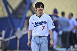Image of: V of BTS Enthralls Fans with First Pitch at Dodgers Game
